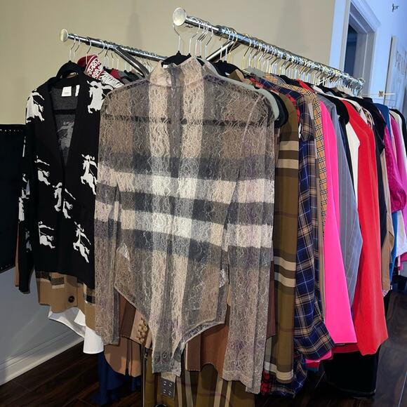 Burberry Checked Stretch-Knit Long Sleeve High Neck Bodysuit in Dark Birch Brown - Picture 15 of 17